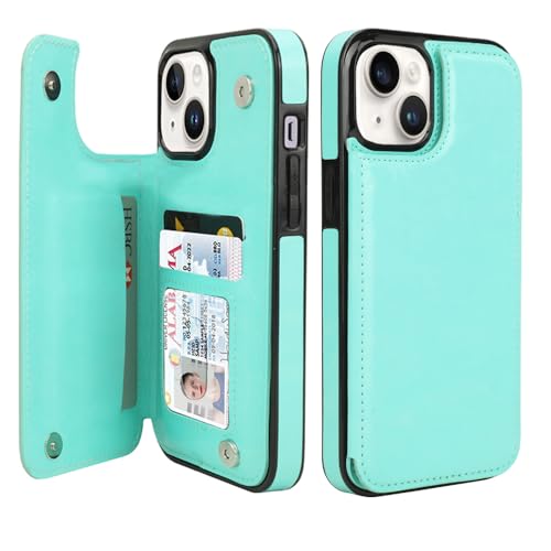 uCOLOR Compatible with iPhone 15 6.1" Wallet Case with Card Holder Slot Folio Flip PU Leather Kickstand Double Magnetic Clasp and RFID Blocking Design Cover 6.1 Inch (Mint)