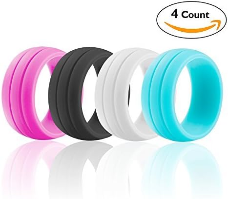Silicone Wedding Ring For Women,4 Packs Of Unique Designs Silicone Rubber Bands-Fashion Style,Safe Ringz By HITFUN Black, White, Pink And Teal (7)