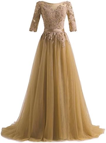 QiJunGe Elegant Long Evening Dresses Lace Half Sleeves Formal Prom Party Gowns Gold US 6
