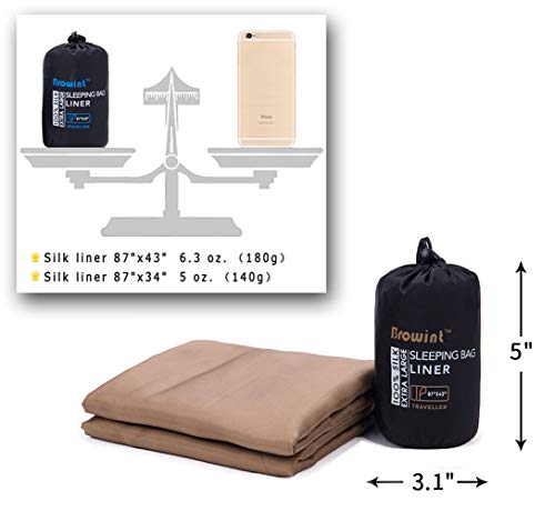 Browint Silk Sleeping Bag Liner, Silk Sleep Sheet, Sack, Extra Wide 87"x43", Lightweight Travel and Camping Sheet for Hotel, More Colors for Option, Reinforced Gussets, Pillow Pocket