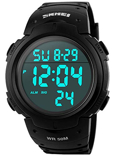 Men's Digital Sports Watch LED Screen Large Face Military Watches and Waterproof Casual Luminous Stopwatch Alarm Simple Army Watch - Black