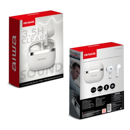 Aiwa Audífonos Inalámbricos Bluetooth 5.4 TWS Modelo AWTWSG31 - Audífonos de Chícharo con Resistencia al Agua IPX4, Control Táctil, Batería de Larga Duración y Estuche de Carga, Blanco