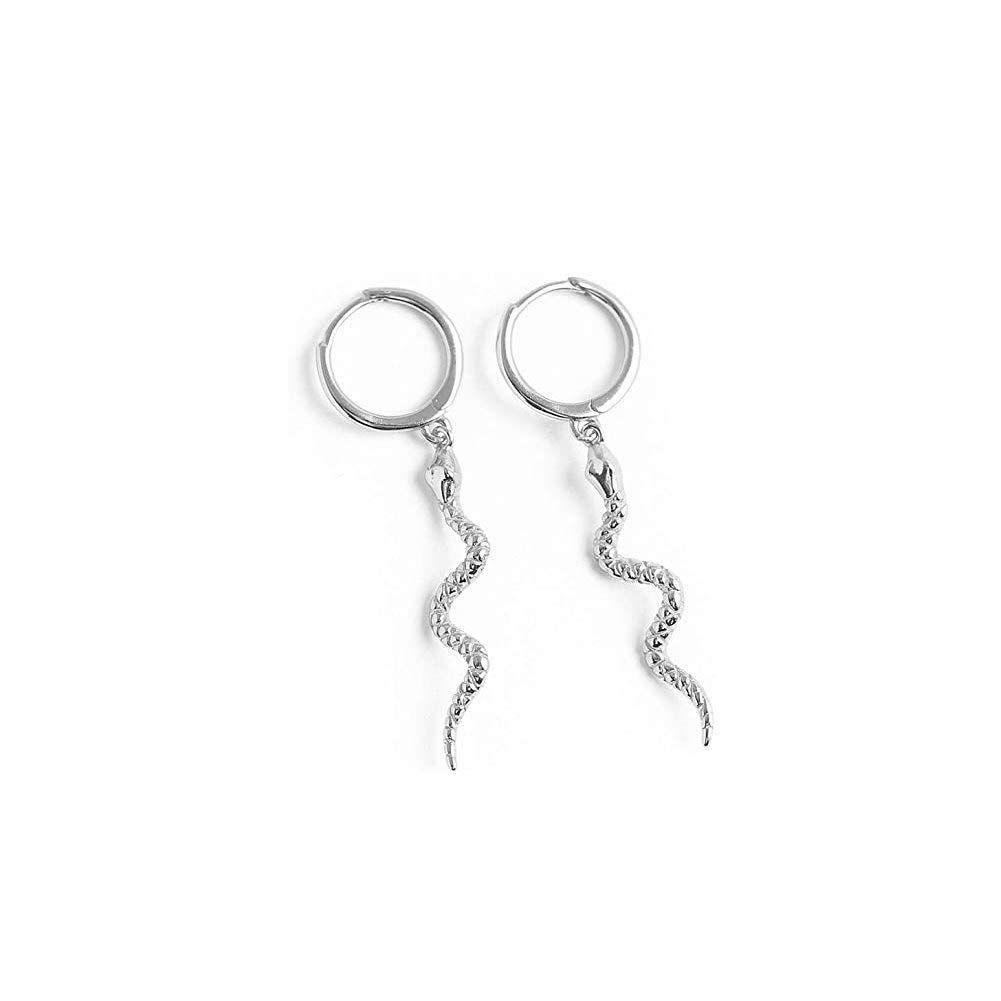 Snake Dangle Small Hoop Earrings 925 Sterling Silver Personalized Punk Drop Animal Earring Huggie Hoops 10mm Hypoallergenic Fashion Ear Jewelry (Silver)