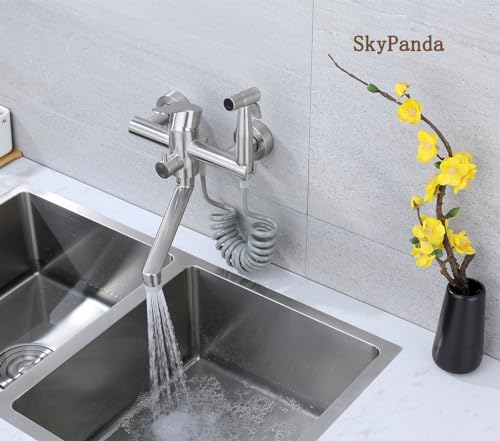 Kitchen Faucet, Wall Mounted, Kitchen Faucet with Spray Gun, 360° Rotatable 23 cm Swivel Hose, Hot and Cold, 4 Working Modes, Brushed Nickel 304