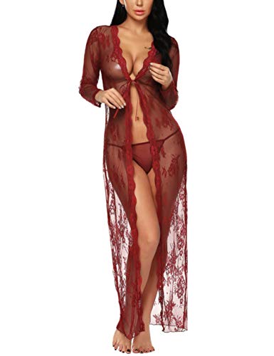 BESDEL Frauen Sexy Dessous Robe Durchsichtig Nachtwäsche Langes Spitzenkleid Kimono Cardigan – Bild 3