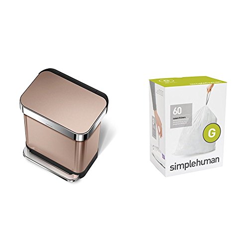 simplehuman 30L Rectangular Step Trash Can with Liner Pocket, Rose Gold, with 60 pack custom fit liner code G