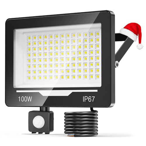 TOPAUBUB 100W 10000LM Outdoor LED Spotlight with Motion Sensor 1 Piece, 6500K Cool White Waterproof IP67 Outdoor Spotlight with Motion Sensor for Patio, Garden
