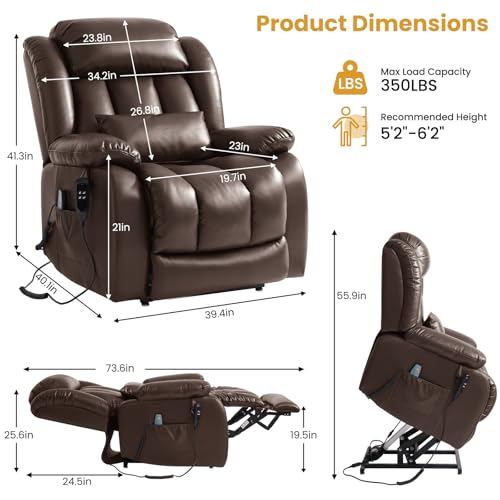Elderly Dual Motor Power Lift 180° Lay Flat Leather Recliner Chair Brown | USB-C Charging Port, Massage & Lumbar Heat, Side Pocket, Remote, Easy Assembly