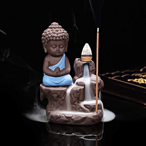 JGS Decorative Monk Buddha Smoke Backflow Cone Incense Holder Showpiece Blue