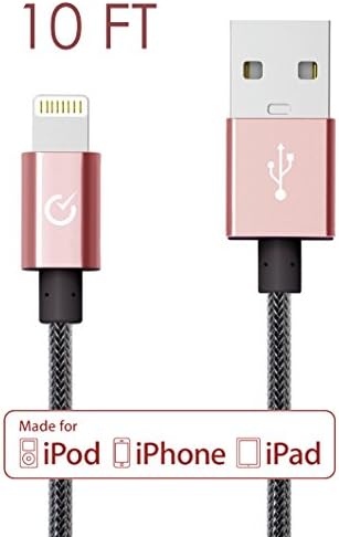 Volts Lightning Cable 10ft USB [Apple MFi Certified] Exo Nylon Braided Lightning Charger w/ Aluminum Case on USB &amp; 8-pin Connector for Apple iPhone 6 / 6 plus, iPod, iPad &amp; more (Exo Rose Gold 10FT)