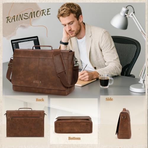 RAINSMORE Men's Messenger Bag, 15.6 Inch Laptop Briefcase in Vegan Leather Vintage Waterproof, Professional Messenger Bag for Office, College and Travel, brown, Retro