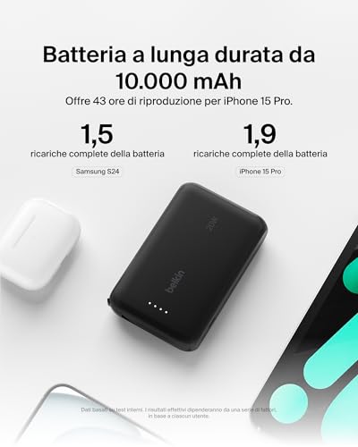 BoostCharge power bank 10 000 mAh con cavo integrato 20 W PD, caricatore portatile, ricarica USB-C PD rapida, power bank con ricarica rapida per iPhone 16 Series, iPad Pro, Galaxy S24 e altri