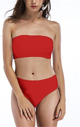 Women's Retro Tube Top Bikini Set Strapless Bandeau Swimsuit With High Waist Thong Bottom