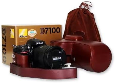 Premium Quality Retro Nikon D7100 Camera Genuine Leather Handmade Leather Carrying Bag Case Cover with Shoulder Strap + Pouch Bag - Brown