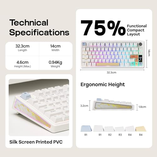 EPOMAKER TH80 V2 PRO Wireless Gaming Keyboard with Screen&Knob, 10000mAh, 2.4Ghz/BT/USB-C, RGB, Hot Swap, Custom Driver, NKRO, PBT Keycap, Mechanical Keyboard for PC/Mac (White, Creamy Jade)