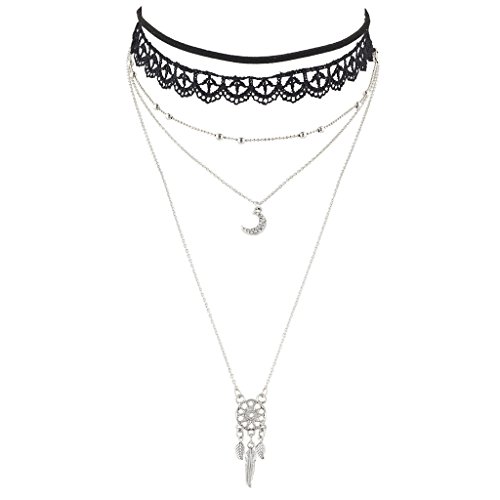 Lux Accessories Black Lace Choker SilverTone Moon Dream Catcher Layered Necklace
