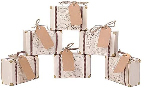 EchoDone 100 pcs Travel Suitcase Favor Boxes with Burlap Twine Vintage Kraft Paper Gift Bag for Travel Theme Party Decoration,Wedding,Birthday,Bridal Shower Candy Boxes