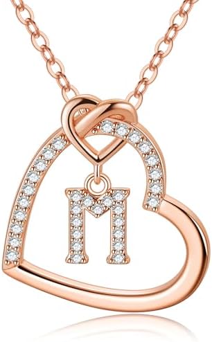 M MOOHAM Rose Gold Initial Necklaces for Girls, CZ Heart Pendant