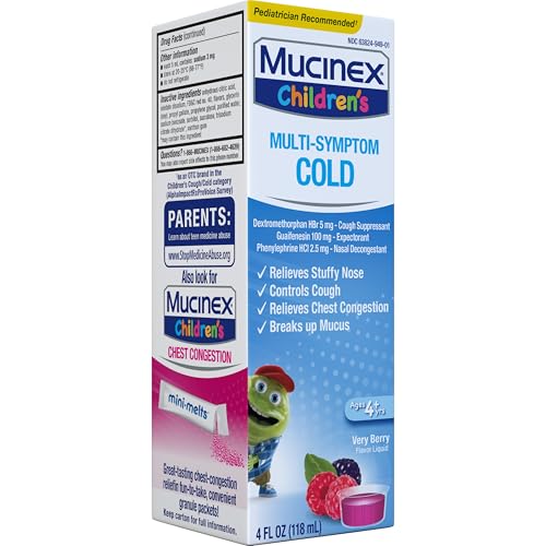 MUCINEX CHILDREN’S MULTI-SYMPTOM COLD MEDICINE, KIDS COUGH MEDICINE, MUCINEX KIDS MEDICINE/DECONGESTANT WITH DEXTROMETHORPHAN HBR, GUAIFENESIN, PHENYLEPHRINE HCL, VERY BERRY FLAVOR LIQUID, 4 FL OZ