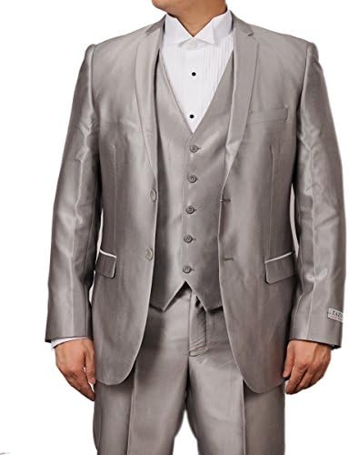 New Mens 3 Pc (Jacket, Pants &amp; Vest) Shiny Silver Sharkskin Slim Fit Dress Suit (42L)