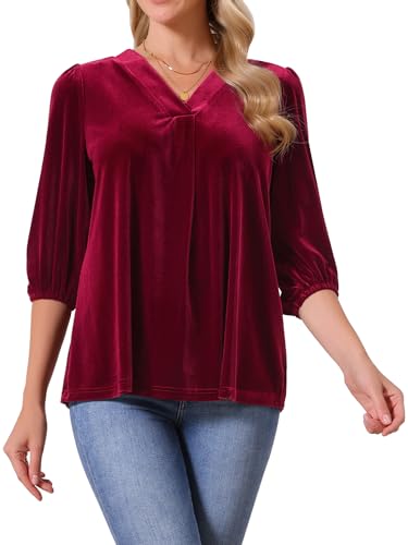 Seta T Women's Velvet Top 3/4 Puff Sleeve Dressy Casual Velour Tunic Blouse at Amazon