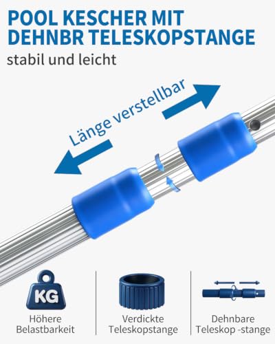MRUN BONE Pool Kescher Feinmaschig Poolkescher 150 cm Poolnetz mit Teleskopstange Fein Netz für Pool, Schwimmbad, Teich, Aufstellpool, Planschbecken, Algen, Aufblasbarer Pool