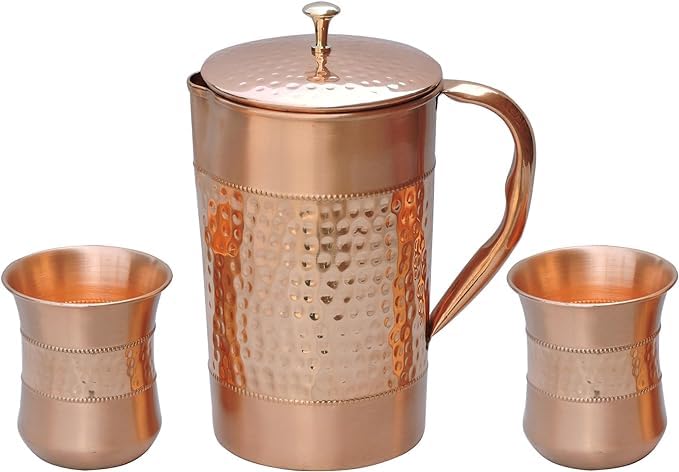 Pure Copper Water Jug with 2 Copper Tumblers (Hammered and Plain Pattern) for Ayurveda Health Benefits (with Curved Glass)
