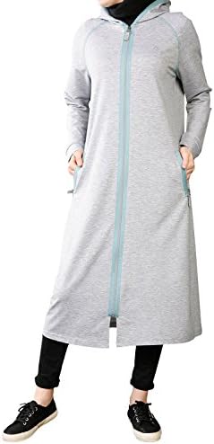 Lotus, zippered long tunic with hoody for Hijabi Women (8, Light Gray)