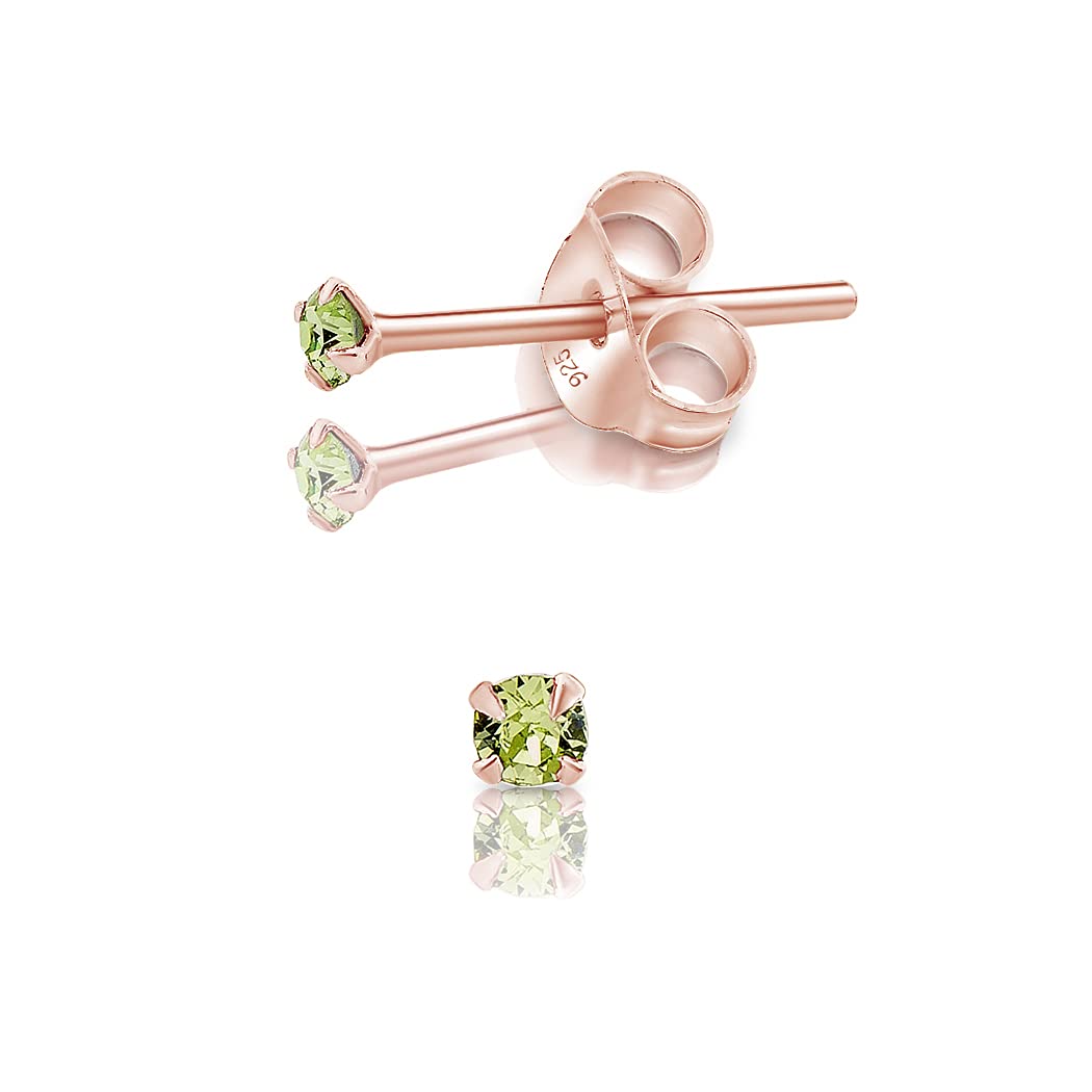 DTPSilver - 925 Sterling Silver Rose Gold plated Round TINY Stud Earrings made with Glittering Crystals from Swarovski® Elements - Diameter: 2 mm - Colour : Peridot