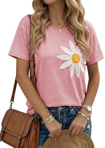 Women Embroidered Shirt Graphic Tees Wildflower Print with Pocket