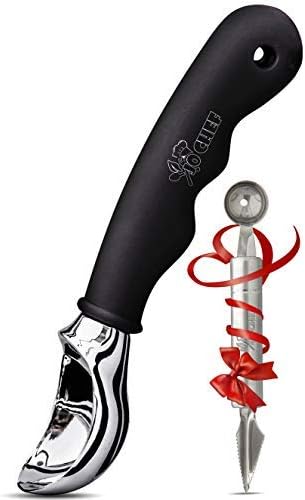 Ice Cream Scoop - Comfortable Silicone Non-Slip Black Grip - Dishwasher Safe Ice Cream Scooper Antifreeze - With Bonus stainless steel Melon Baller/Carving Knife Tool By Jo Chef