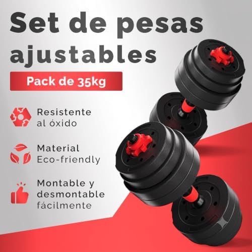 Juego de Mancuernas Ajustables 2 en 1-10kg 20kg 35kg - Kit de Pesas con Barra Recta Ajustable y Antideslizante - Pesas y Mancuernas Discos Recubiertos y Agarre Antideslizante - 20 kg