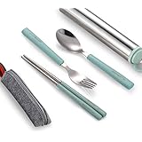 Fork Spoon Chopsticks Set, Rerii Stainless Steel Cutlery Set, Portable Flatware Set, Travel Utensils Set with Carrying Case, Bag for Work, Outdoor Travel
