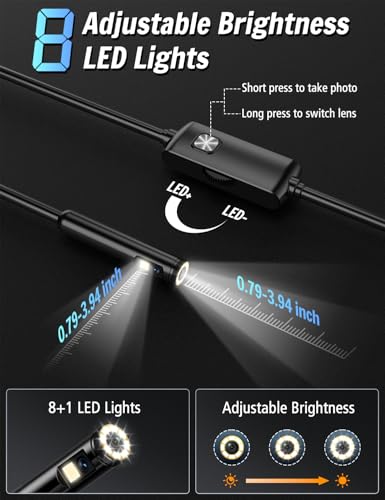 Dual-Lens Ferdiiz Endoscope Inspection Camera, 1920P HD Borescope Camera, 32.8ft Semi-Rigid Snake Endoscope, IP67 Waterproof Drain Pipe 8 Adjustable LEDs Borescope, Man's Gadgets Tool, iOS9+ Android6+