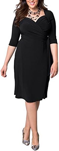 Wancy Women's Dress 3/4 Sleeve V Neck Wrap Casual Cocktail Party Swing Midi Dresses Plus Size