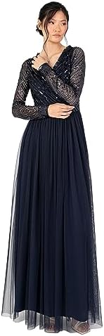 Maya Deluxe Vestido Maxi De Encaje Y Tul – Para Invitada Boda, Dama De Honor O Graduación – Manga Larga Escote V – Tallas 34 A 56