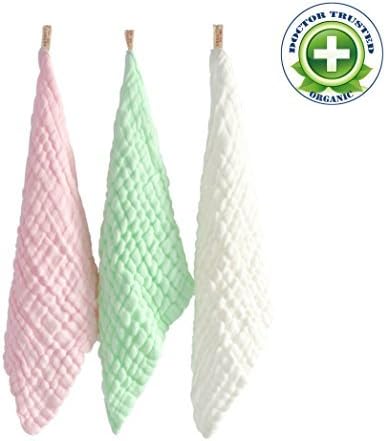TotMart 100% organic &amp; hypoallergenic Muslin Cotton Washcloths, Extra Absorbent, 3 Pack, Pink Green White, 10x10 in