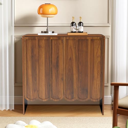 Sideboard Buffet Cabinet Set of 2, Accent Storage Cabinet with 2 Doors, Farmhouse Wood Cabinet with Adjustable Shelves and Wave Panel for Living Room, Dining Room, Entry - Walnut