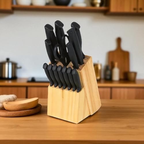 .- Juego de cuchillos de cocina de 14 piezas con bloque de madera - hojas de acero inoxidable revestido de negro, cuchillo de chef, pan, bistec + tijeras