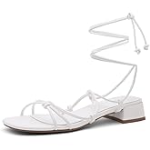 Shoe Land SL-Danica Women's Lace-Up Chunky Low Heels, Strappy Ankle Wrap Heeled Sandals, Square Open Toe Tie-Up Dress Sandals for Holiday, Party, and Wedding