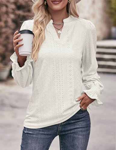 AMORETU WOMENS LACE T SHIRTS CASUAL V NECK TOPS PUFF LONG SLEEVE SHIRTS BLOUSE, WHITE S