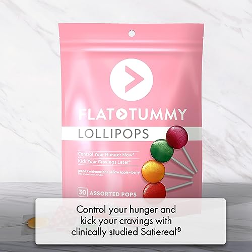 FLAT TUMMY LOLLIPOPS, PACK OF 30 – CRUSH CRAVINGS AND AVOID UNWANTED CALORIES – APPLE, GRAPE, WATERMELON & BERRY – DELICIOUS LOW CALORIE DIET CANDY – CLINICALLY PROVEN INGREDIENT