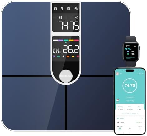 Personenwaage, angeschlossen, Bluetooth, mit 2 VA-Bildschirmen und ITO-Beschichtungstechnologie, 16 Körperdaten mit Herzfrequenz, App, für Android und iOS 180 kg/400 lb, silberfarben