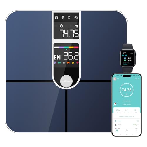 Personenwaage, angeschlossen, Bluetooth, mit 2 VA-Bildschirmen und ITO-Beschichtungstechnologie, 16 Körperdaten mit Herzfrequenz, App, für Android und iOS 180 kg/400 lb, silberfarben