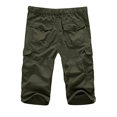 EKLENTSON Men's 3/4 Pants Capri Pants for Men Relaxed Fit Military Shorts Olive Green - Thumbnail 4