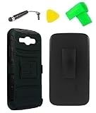 Belt Clip Holster w Kickstand Heavy Duty Hybrid Phone Case Cover Cell Phone Accessory + Extreme Band + Stylus Pen + Yellow Pry Tool for Samsung Galaxy Mega 5.8 I9152 I9150 (Belt Clip Holster Black/Black)