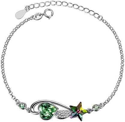 Sterling Silver Green Yellow Pink Made Heart And Star Link Bracelet For Women, Girls