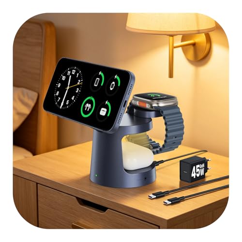 GEEKERA 25W 3-en-1 Estación de Carga con Luz Nocturna, Cargador Rápido Portátil Compatible con MagSafe para iPhone Air/17/16/15/14/13/12, Apple Watch 2-11, AirPods, incluye Adaptador GaN 45W, Gunmetal