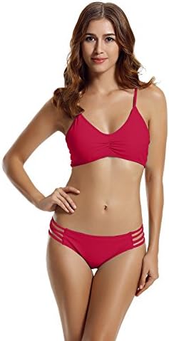 zeraca Women's Strap Side Bottom Halter Racerback Bikini Bathing Suits (FBA) Red