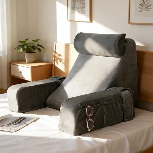 OWHDJH Respaldo para Cama con Reposabrazos y Bolsillos, Almohada de Lectura, Funda Lavable, Almohada para Espalda de Soporte Lumbar para Leer, Relajarse, Mirar Televisión, Jugar, para Adultos